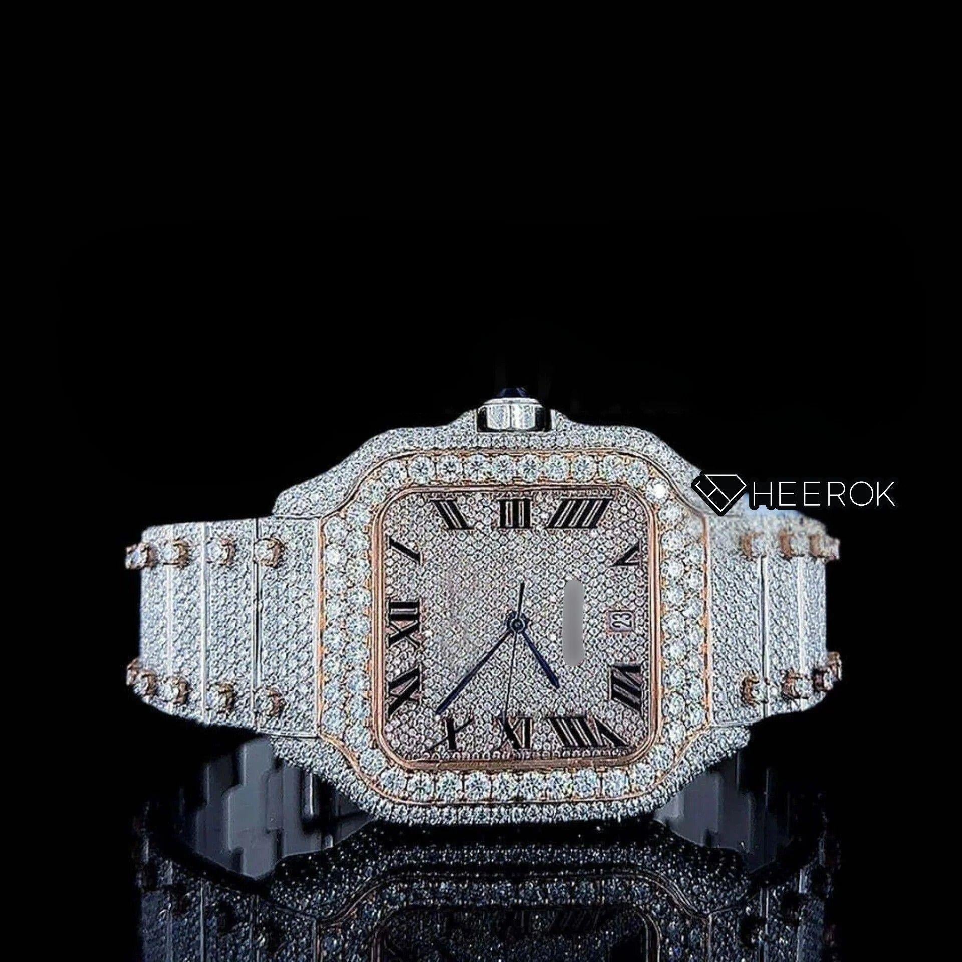 Cartier Santos Rose Gold Dial Black Roman Numerals Diamond Bezel Two Tone Fully Iced Moissanite Diamond For Women