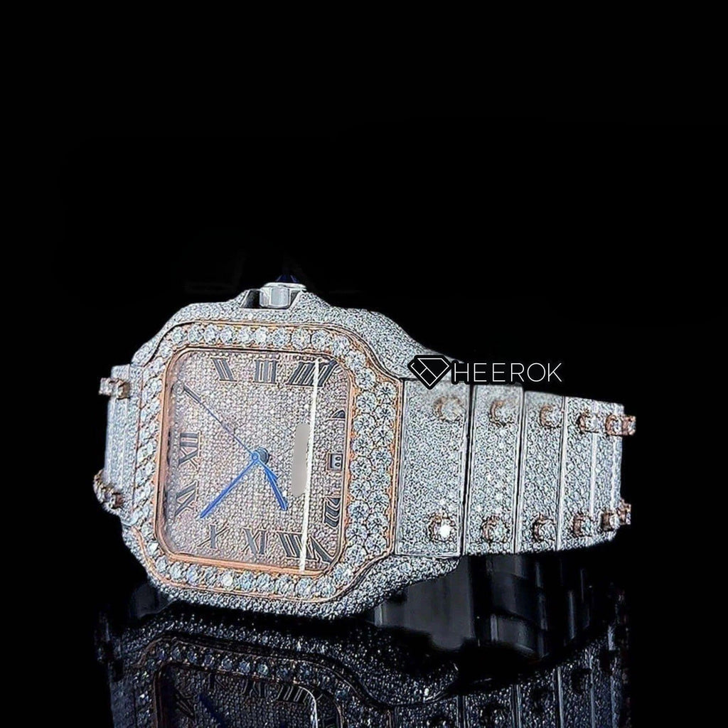 Cartier Santos Rose Gold Dial Black Roman Numerals Diamond Bezel Two Tone Fully Iced Moissanite Diamond For Women