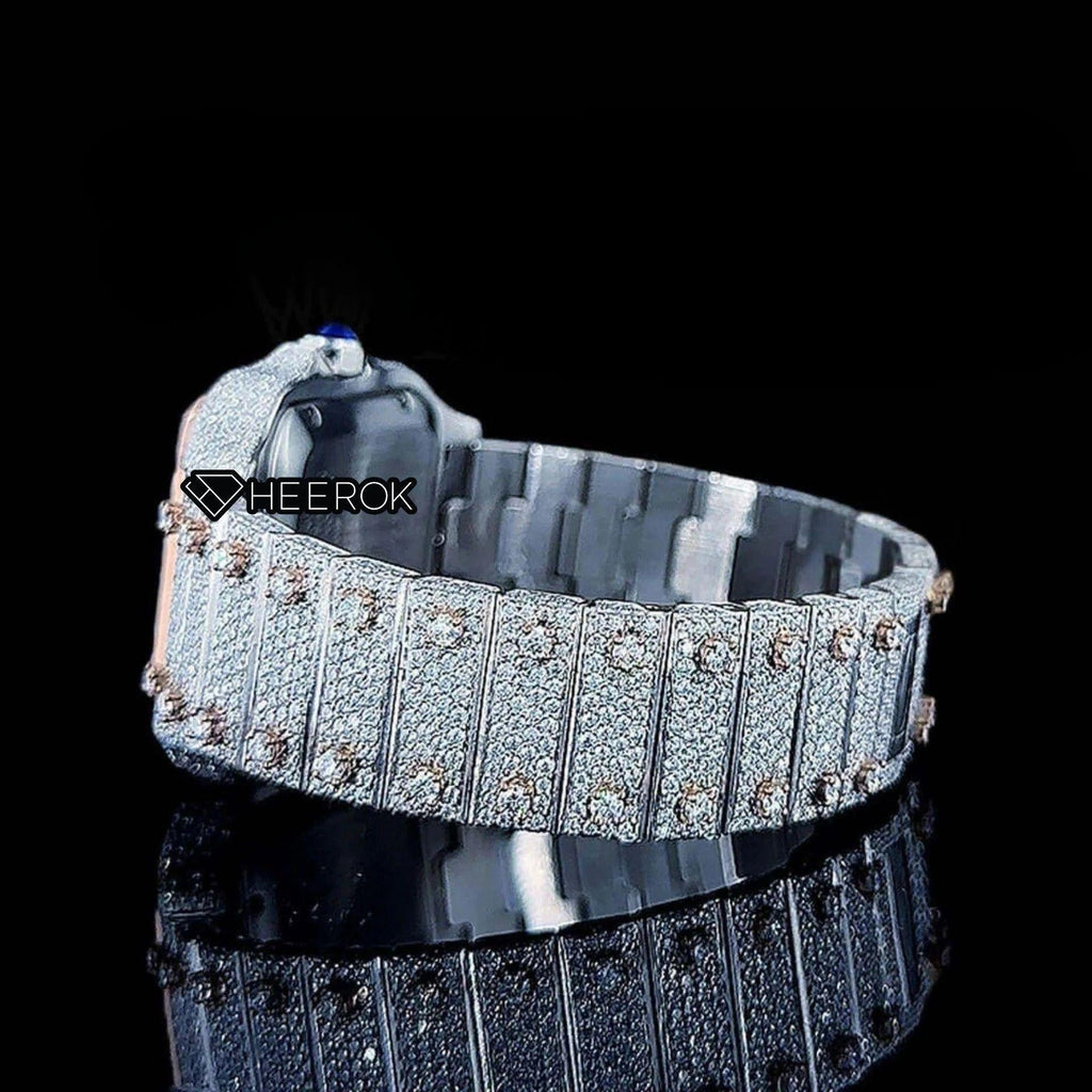 Cartier Santos Rose Gold Dial Black Roman Numerals Diamond Bezel Two Tone Fully Iced Moissanite Diamond For Women