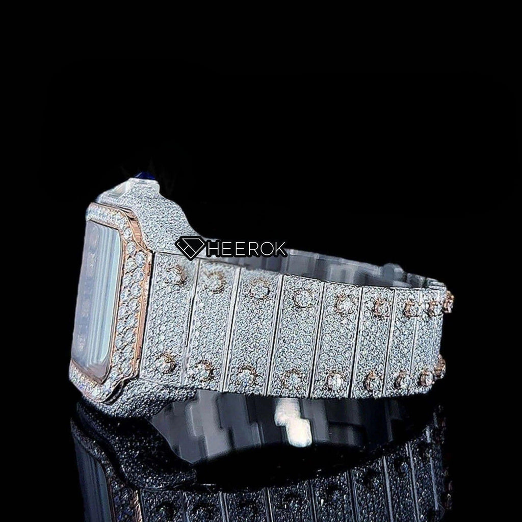 Cartier Santos Rose Gold Dial Black Roman Numerals Diamond Bezel Two Tone Fully Iced Moissanite Diamond For Women