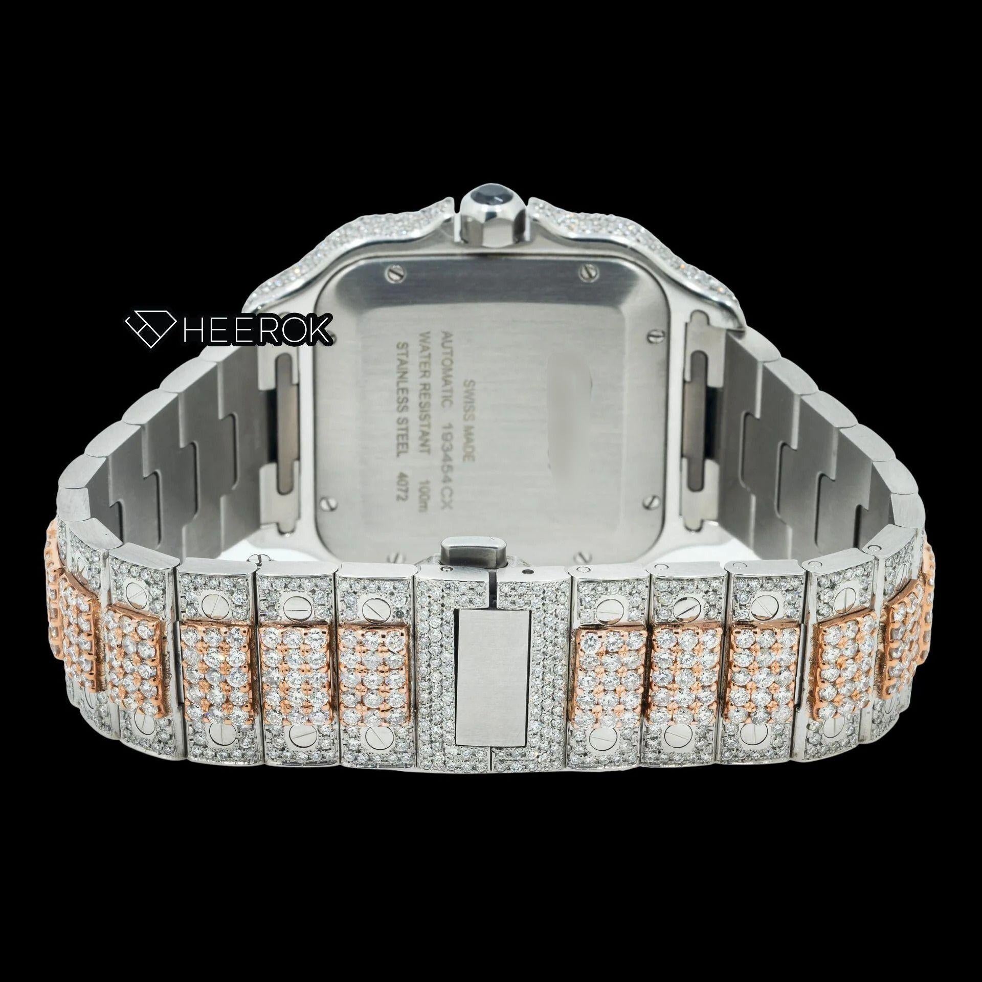 Cartier Santos Rose Gold Dial Black Roman Numerals Diamond Bezel Two Tone Rose Gold Moissanite Diamond Watch