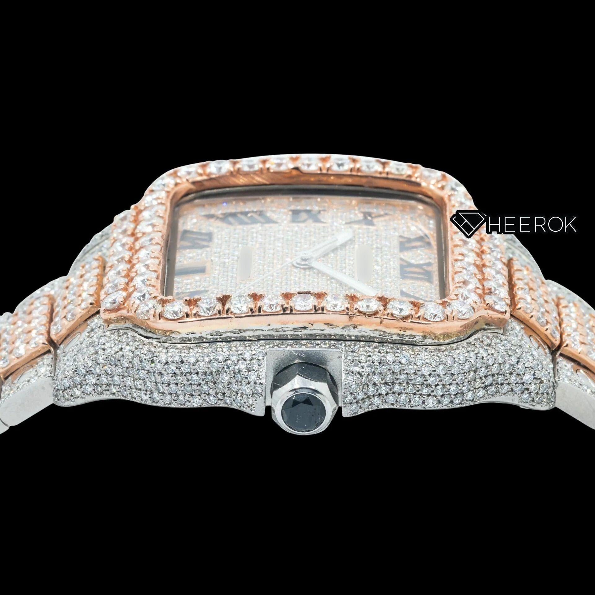 Cartier Santos Rose Gold Dial Black Roman Numerals Diamond Bezel Two Tone Rose Gold Moissanite Diamond Watch