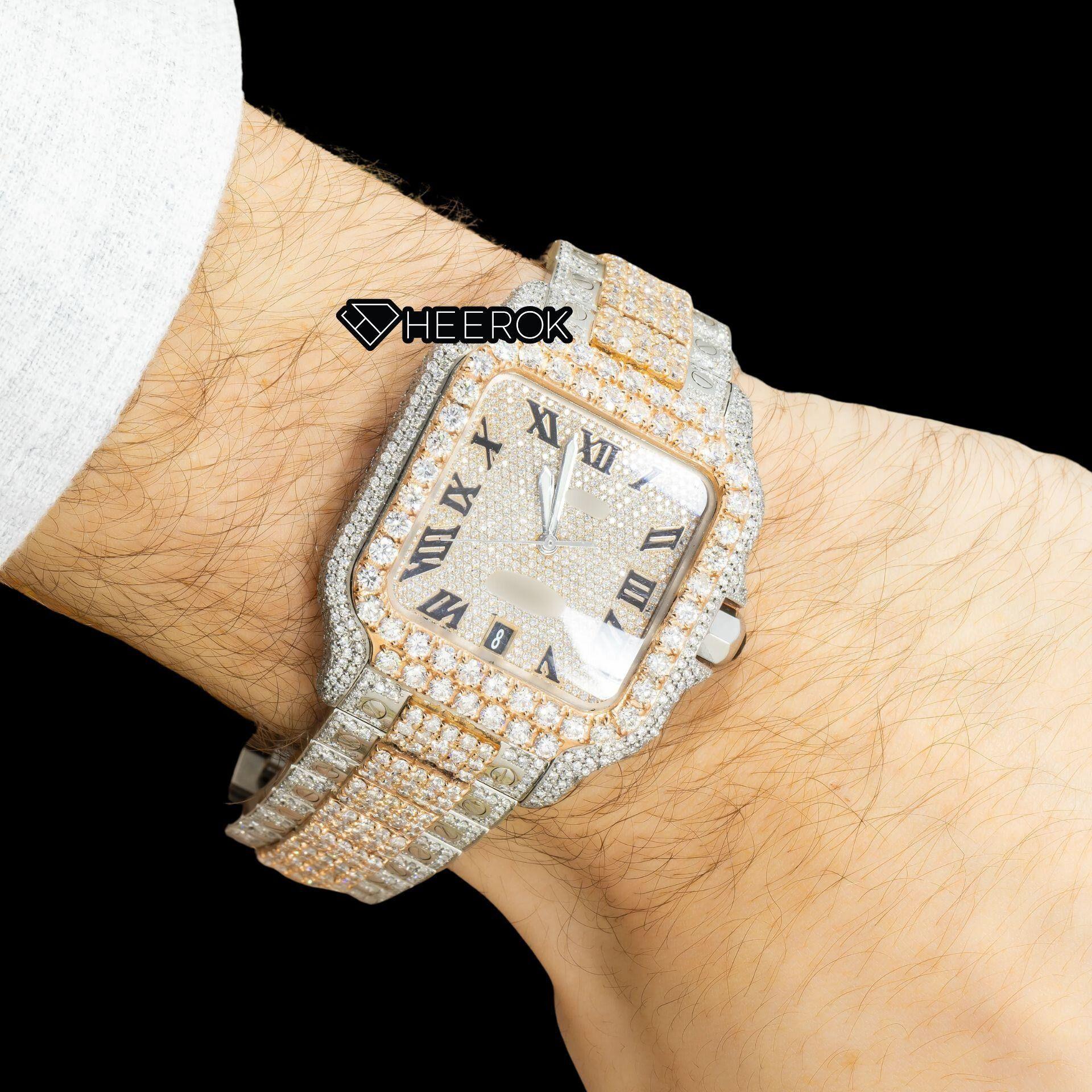 Cartier Santos Rose Gold Dial Black Roman Numerals Diamond Bezel Two Tone Rose Gold Moissanite Diamond Watch