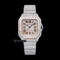 Cartier Santos Rose Gold Dial Black Roman Numerals Large Round Diamond Bezel Fully Iced Moissanite Diamond Watch For Women