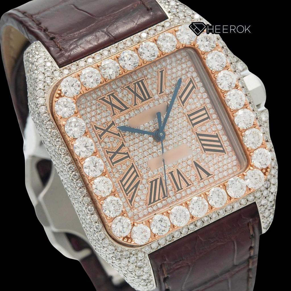 Cartier Santos Rose Gold Dial Roman Numerals Large Round Diamond Bezel Brown Leather Strap Semi Iced Moissanite Diamond Watch