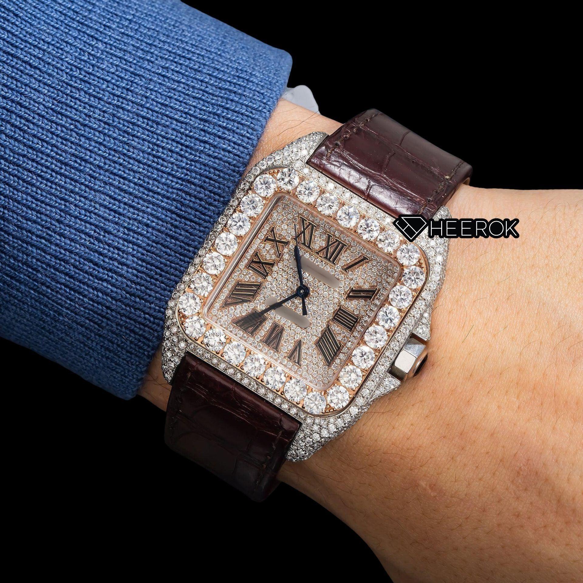 Cartier Santos Rose Gold Dial Roman Numerals Large Round Diamond Bezel Brown Leather Strap Semi Iced Moissanite Diamond Watch