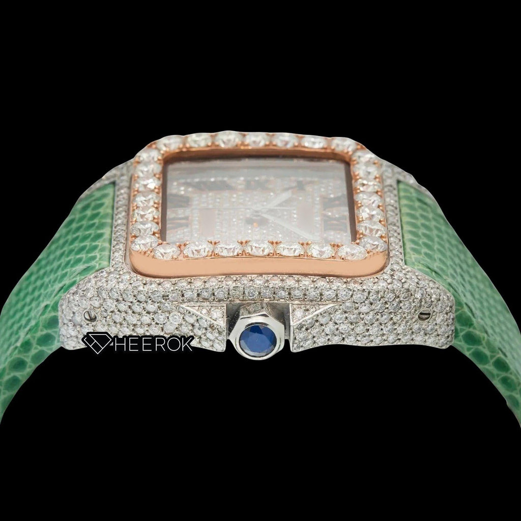 Cartier Santos Rose Gold Dial Roman Numerals Large Round Diamond Bezel Green Leather Strap Semi Iced Moissanite Diamond Watch