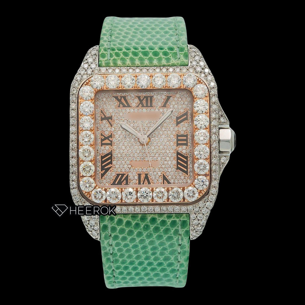 Cartier Santos Rose Gold Dial Roman Numerals Large Round Diamond Bezel Green Leather Strap Semi Iced Moissanite Diamond Watch