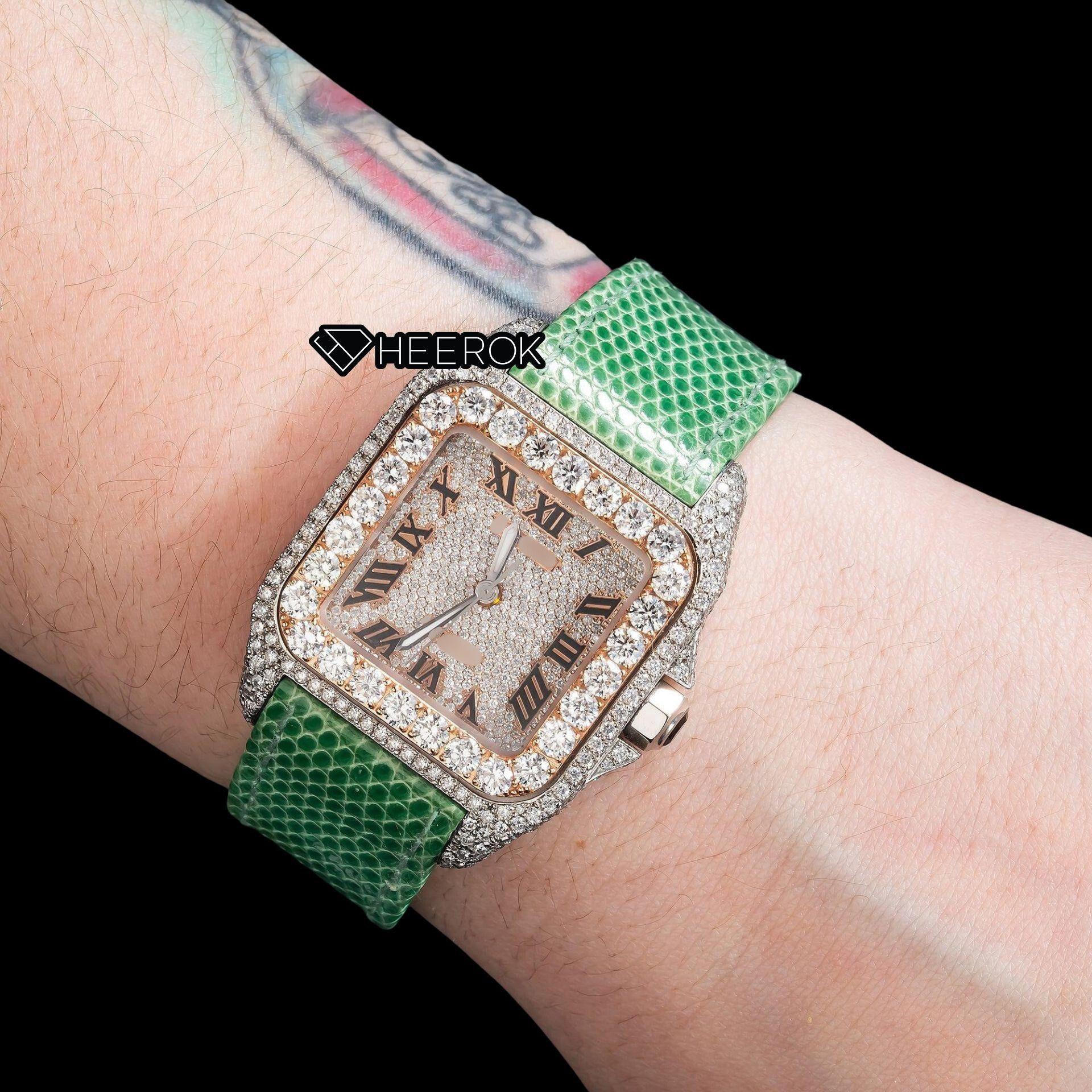 Cartier Santos Rose Gold Dial Roman Numerals Large Round Diamond Bezel Green Leather Strap Semi Iced Moissanite Diamond Watch