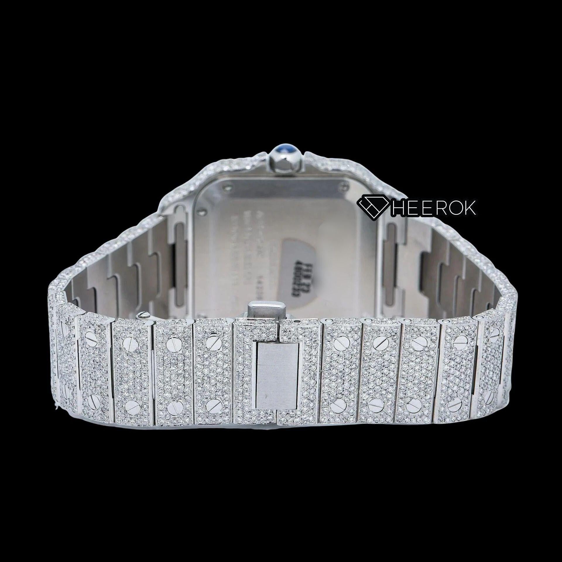 Cartier Santos Rose Gold Diamond Pave Dial Roman Numerals Large Round Diamond Bezel Fully Iced Moissanite Diamond Watch For Women