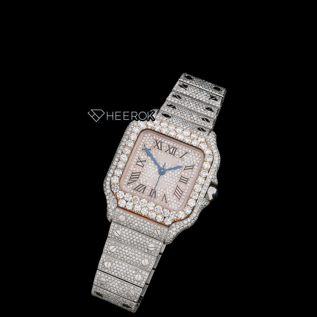 Cartier Santos Rose Gold Diamond Pave Dial Roman Numerals Large Round Diamond Bezel Fully Iced Moissanite Diamond Watch For Women