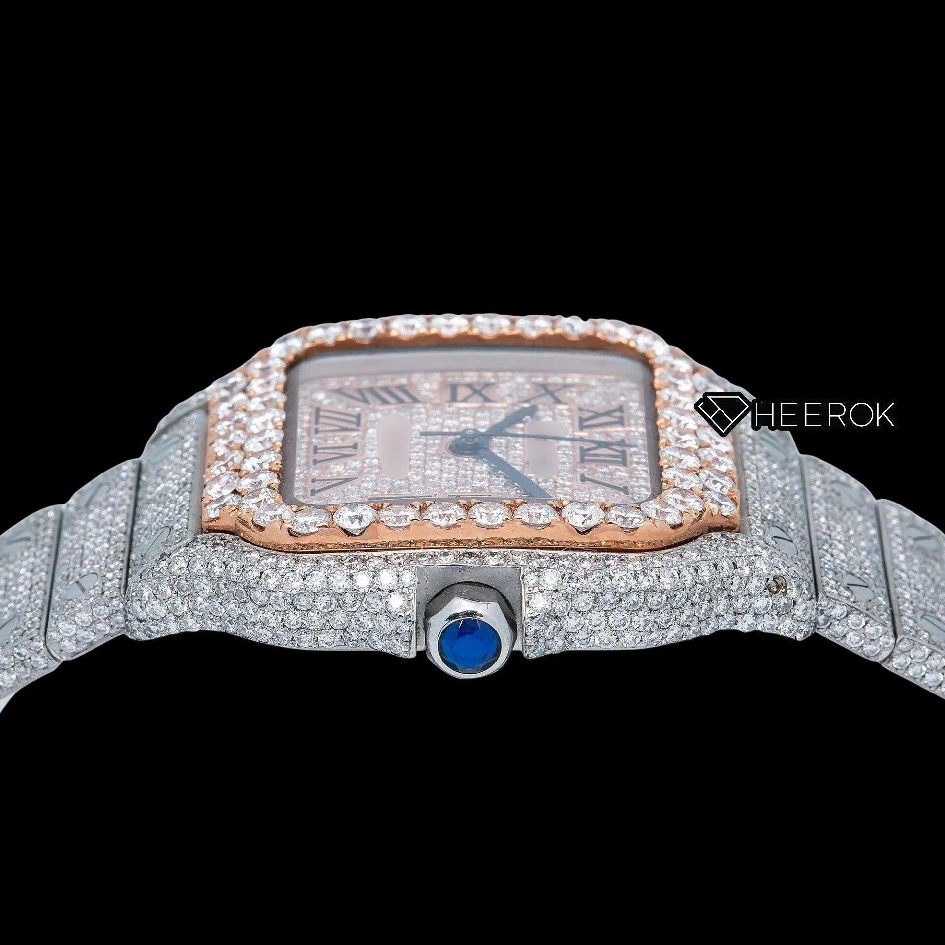 Cartier Santos Rose Gold Diamond Pave Dial Roman Numerals Large Round Diamond Bezel Fully Iced Moissanite Diamond Watch For Women