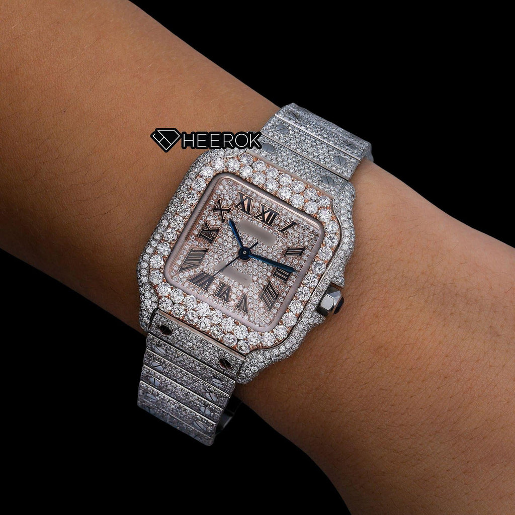 Cartier Santos Rose Gold Diamond Pave Dial Roman Numerals Large Round Diamond Bezel Fully Iced Moissanite Diamond Watch For Women