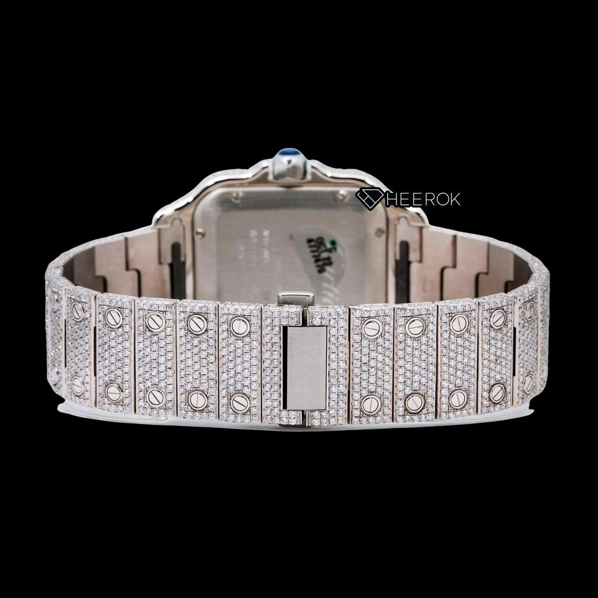 Cartier Santos Rose Gold Full Pave Dial Roman Numerals Diamond Bezel Fully Iced Moissanite Diamond Watch