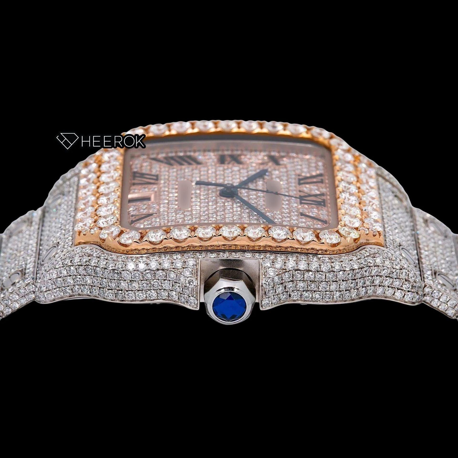 Cartier Santos Rose Gold Full Pave Dial Roman Numerals Diamond Bezel Fully Iced Moissanite Diamond Watch