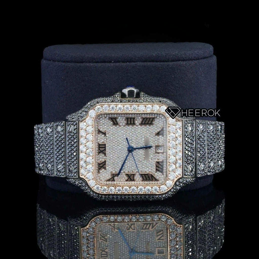 Cartier Santos Rose Gold Roman Dial Diamond Bezel Fully Iced Moissanite Black Diamond Bracelet