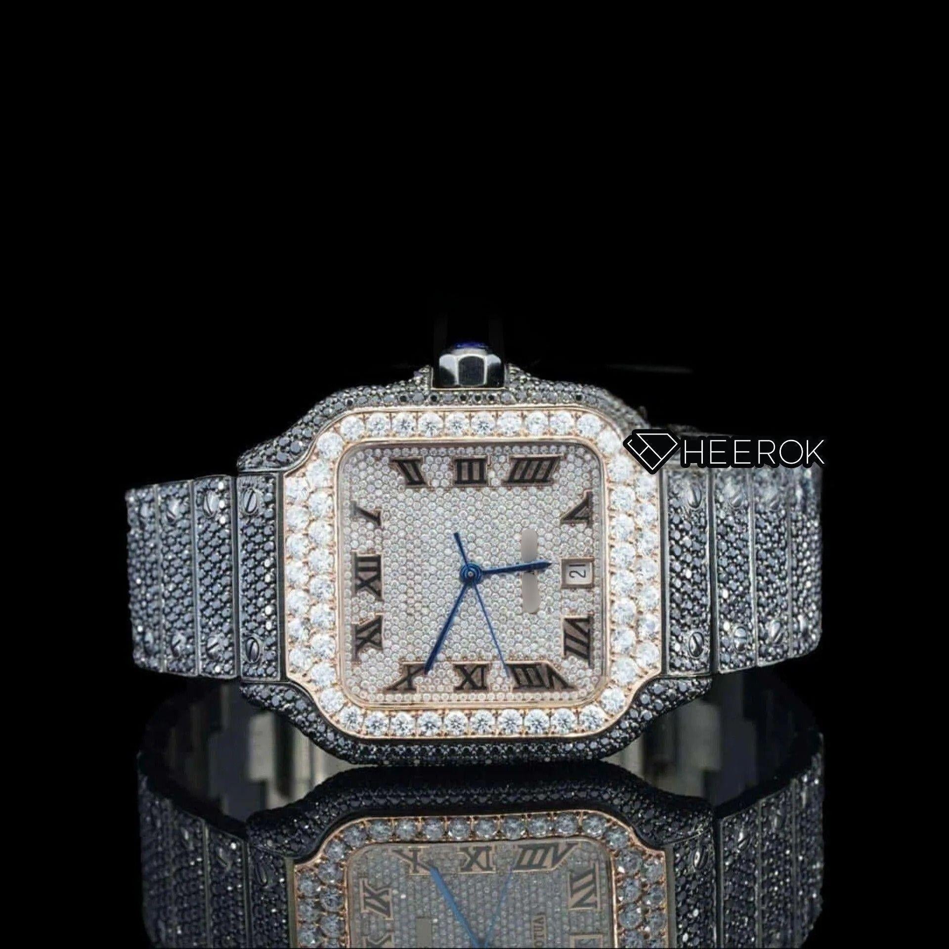 Cartier Santos Rose Gold Roman Dial Diamond Bezel Fully Iced Moissanite Black Diamond Bracelet
