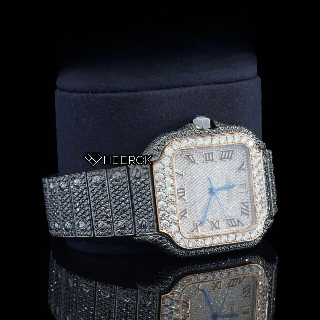 Cartier Santos Rose Gold Roman Dial Diamond Bezel Fully Iced Moissanite Black Diamond Bracelet