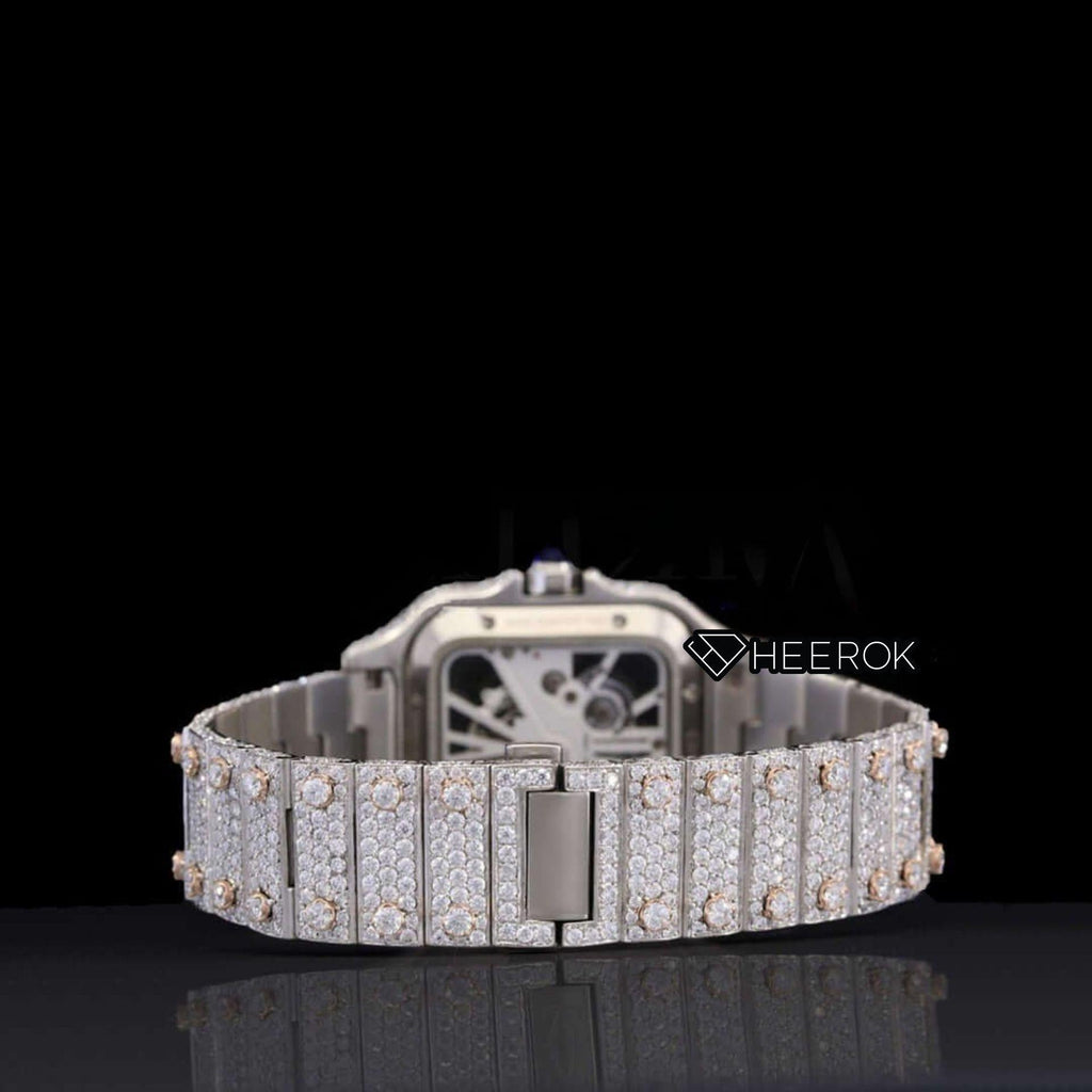 Cartier Santos Skeleton Dial Diamond Bezel Fully Iced Two Tone Rose Gold Moissanite Diamond