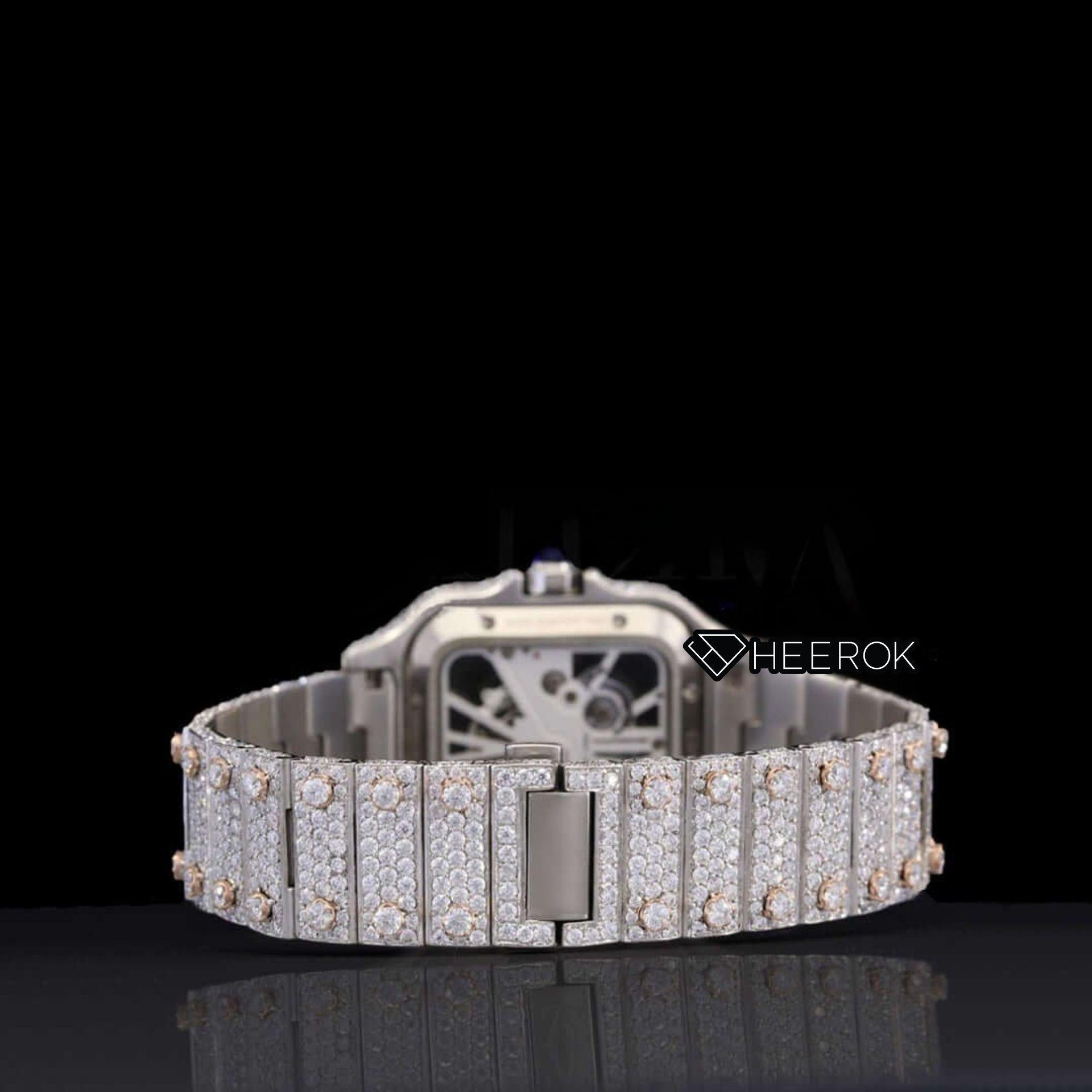 Cartier Santos Skeleton Dial Diamond Bezel Fully Iced Two Tone Rose Gold Moissanite Diamond