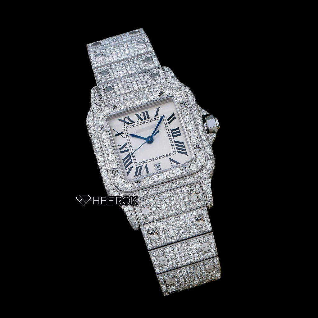 Cartier Santos White Dial Roman Numerals Diamond Bezel Bust Down Moissanite Diamond Watch For Women