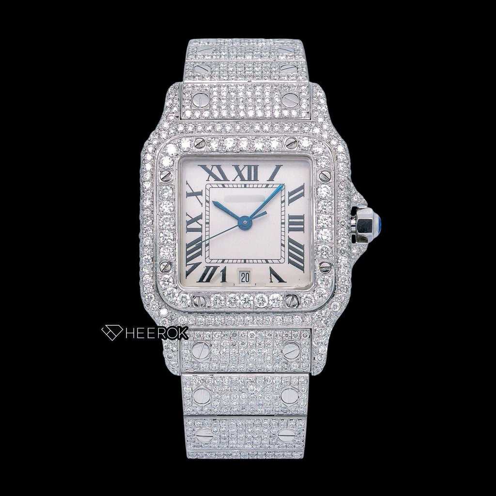 Cartier Santos White Dial Roman Numerals Diamond Bezel Bust Down Moissanite Diamond Watch For Women