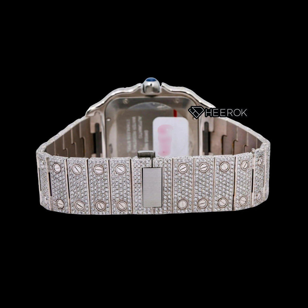 Cartier Santos White Dial Roman Numerals Diamond Bezel Fully Iced Out Moissanite Diamond Watch