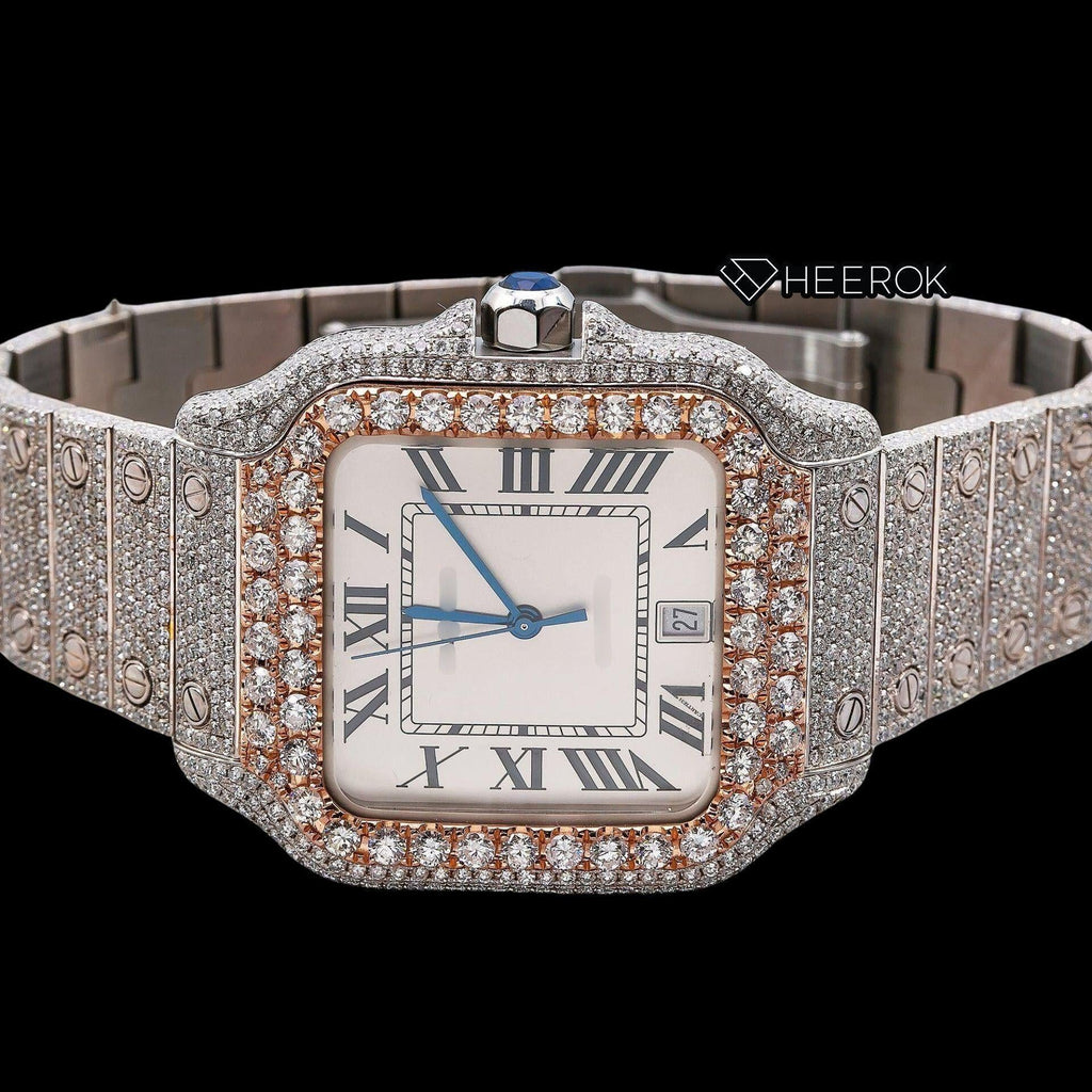 Cartier Santos White Dial Roman Numerals Diamond Bezel Fully Iced Out Moissanite Diamond Watch