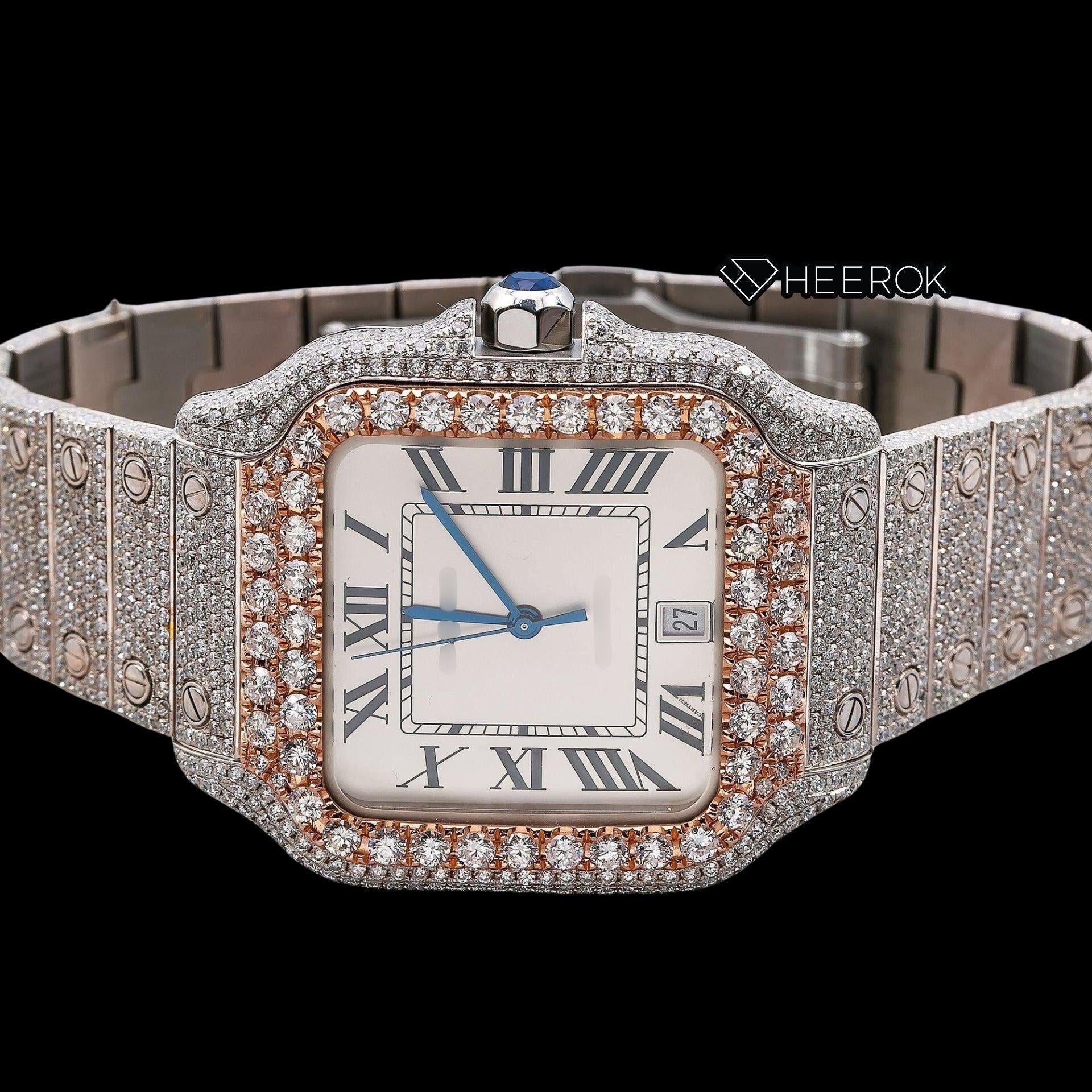 Cartier Santos White Dial Roman Numerals Diamond Bezel Fully Iced Out Moissanite Diamond Watch
