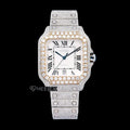 Cartier Santos White Dial Roman Numerals Diamond Bezel Fully Iced Out Moissanite Diamond Watch