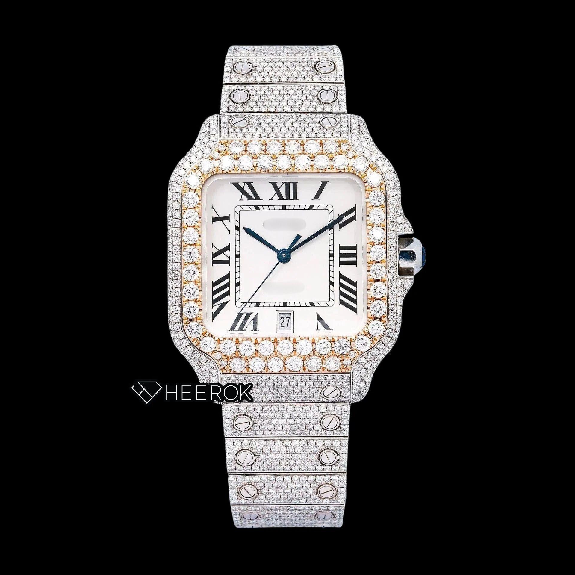 Cartier Santos White Dial Roman Numerals Diamond Bezel Fully Iced Out Moissanite Diamond Watch