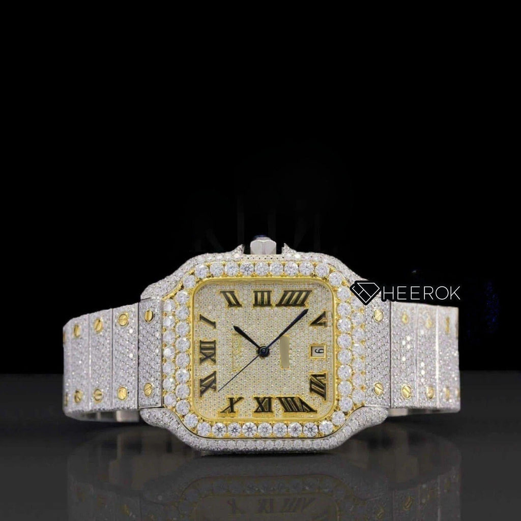 Cartier Santos Yellow Dial Black Roman Numerals Diamond Bezel Fully Iced Moissanite Diamond