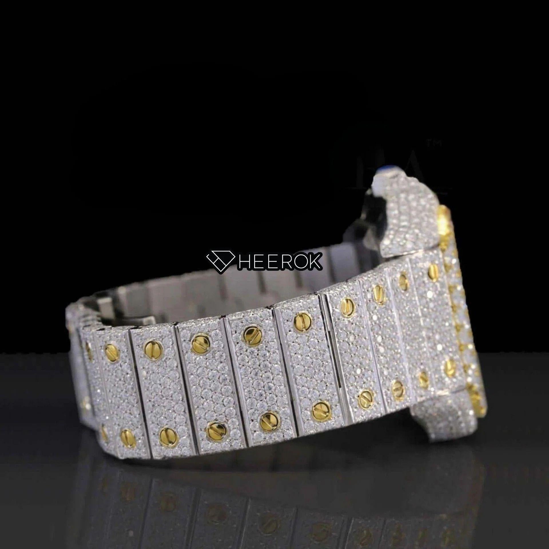 Cartier Santos Yellow Dial Black Roman Numerals Diamond Bezel Fully Iced Moissanite Diamond