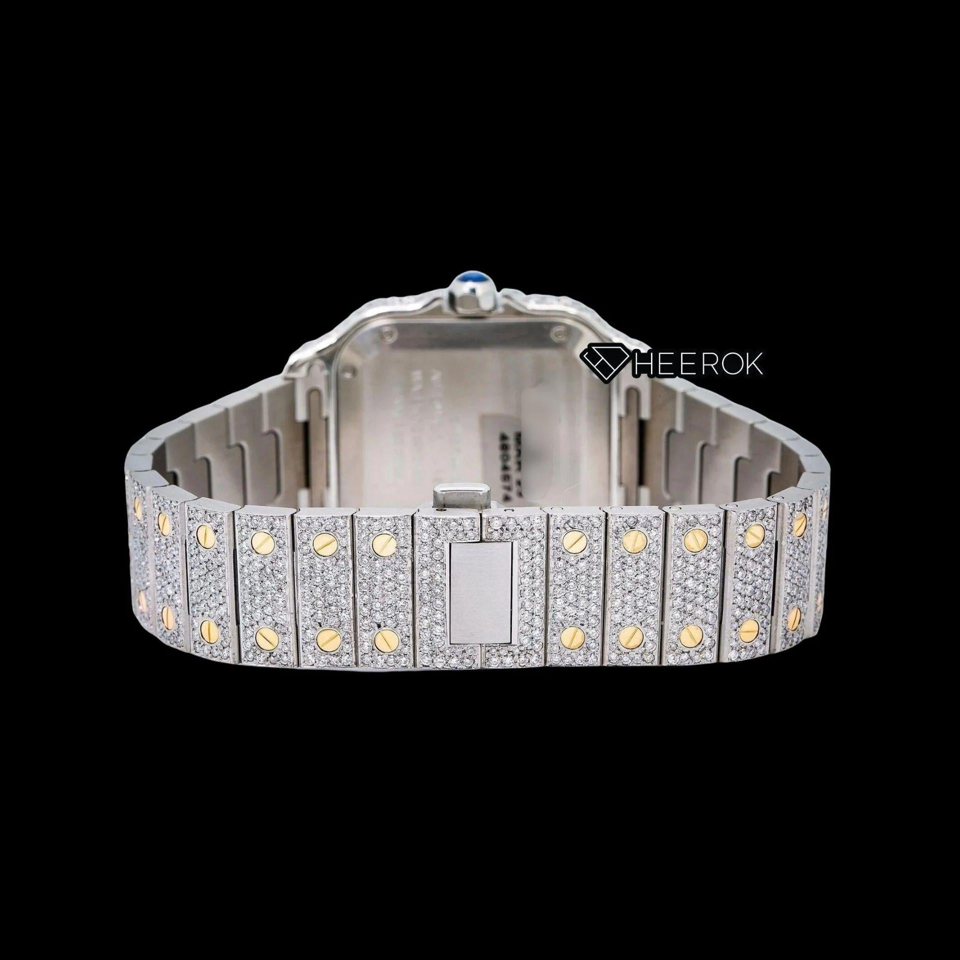 Cartier Santos Yellow Dial Black Roman Numerals Diamond Bezel Two Tone Yellow Gold Fully Iced Moissanite Diamond Watch For Women