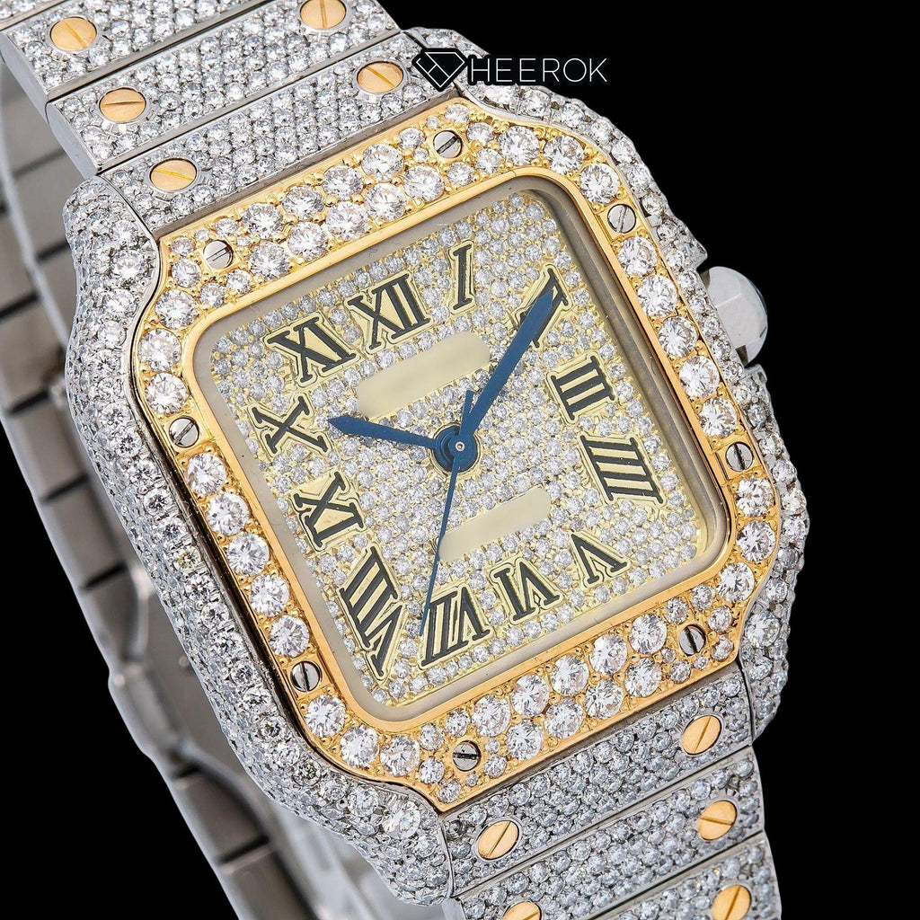 Cartier Santos Yellow Dial Black Roman Numerals Diamond Bezel Two Tone Yellow Gold Fully Iced Moissanite Diamond Watch For Women