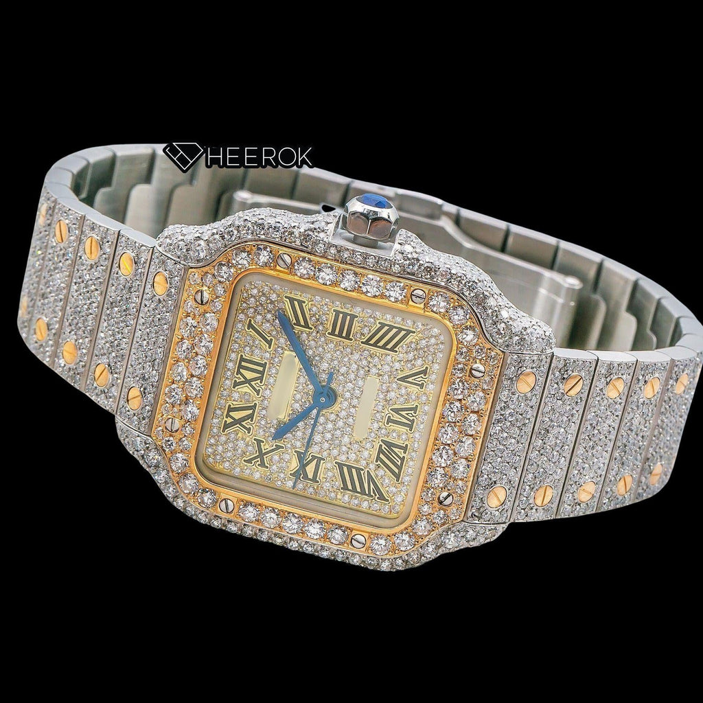 Cartier Santos Yellow Dial Black Roman Numerals Diamond Bezel Two Tone Yellow Gold Fully Iced Moissanite Diamond Watch For Women