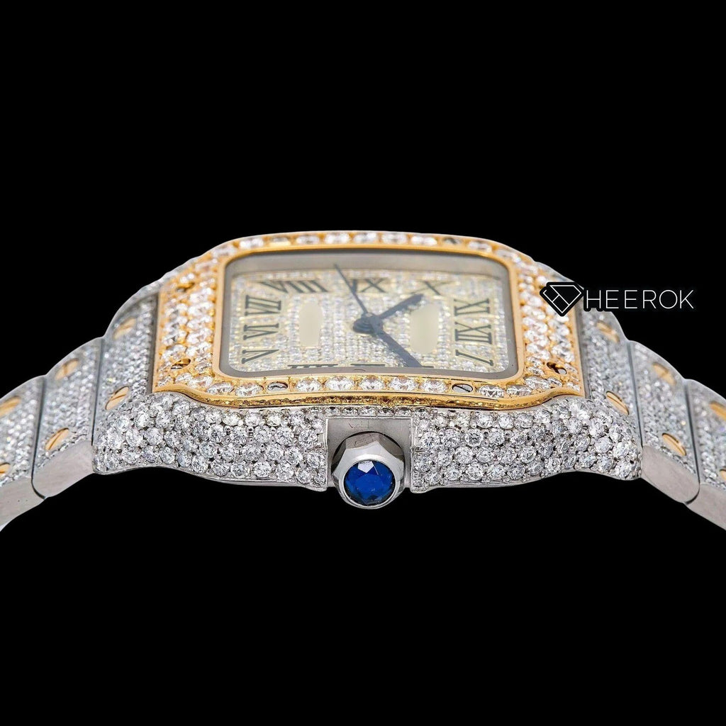Cartier Santos Yellow Dial Black Roman Numerals Diamond Bezel Two Tone Yellow Gold Fully Iced Moissanite Diamond Watch For Women