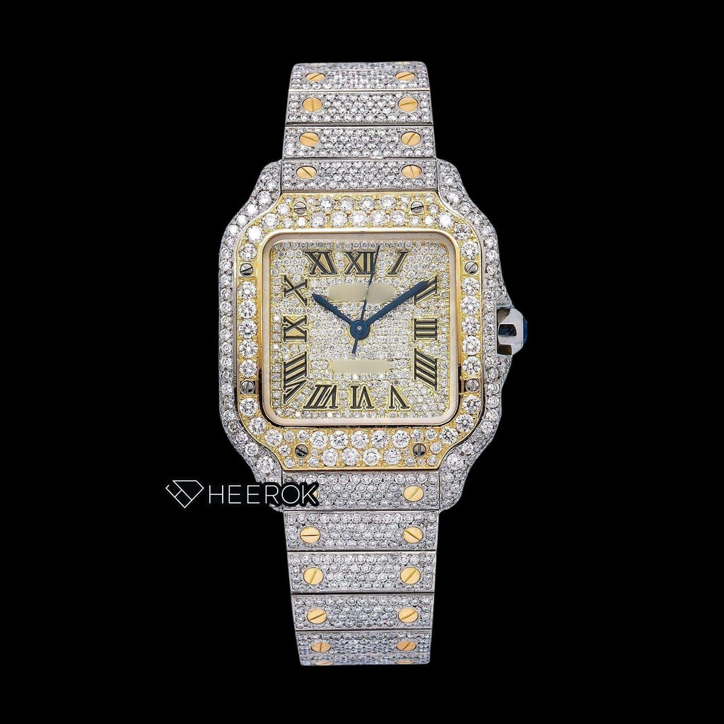 Cartier Santos Yellow Dial Black Roman Numerals Diamond Bezel Two Tone Yellow Gold Fully Iced Moissanite Diamond Watch For Women