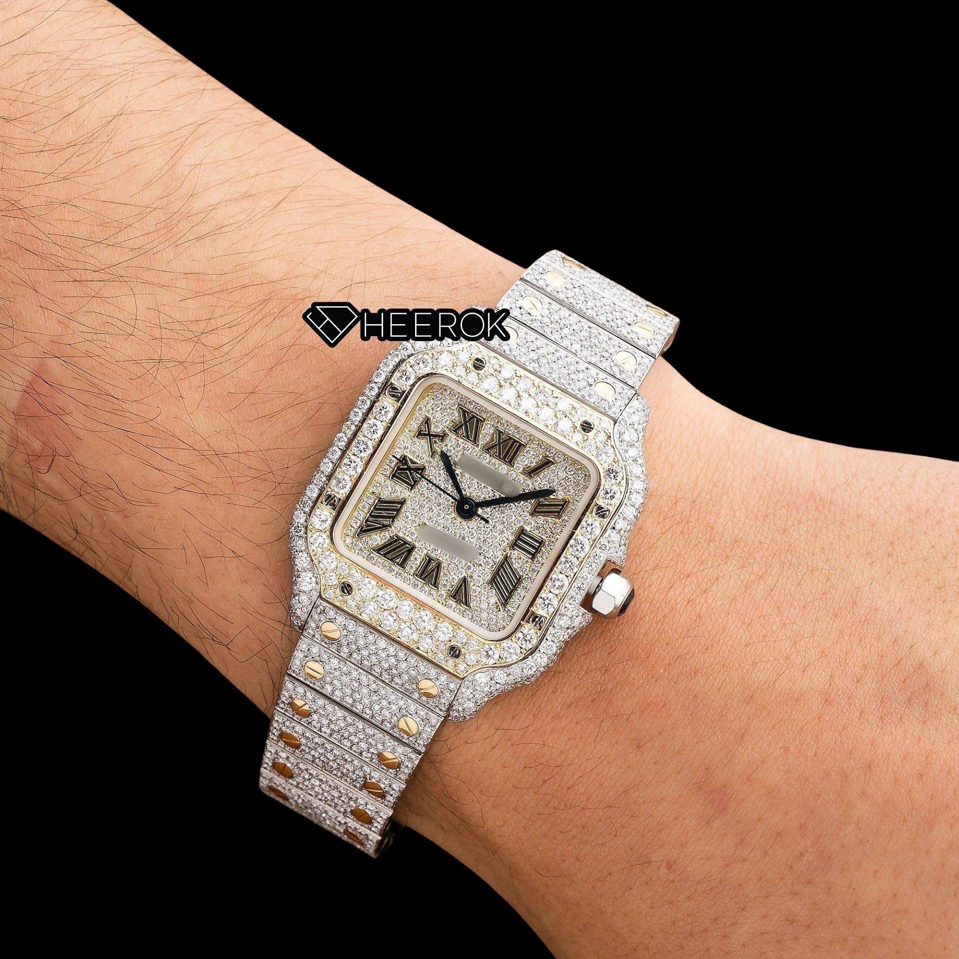 Cartier Santos Yellow Dial Black Roman Numerals Diamond Bezel Two Tone Yellow Gold Fully Iced Moissanite Diamond Watch For Women