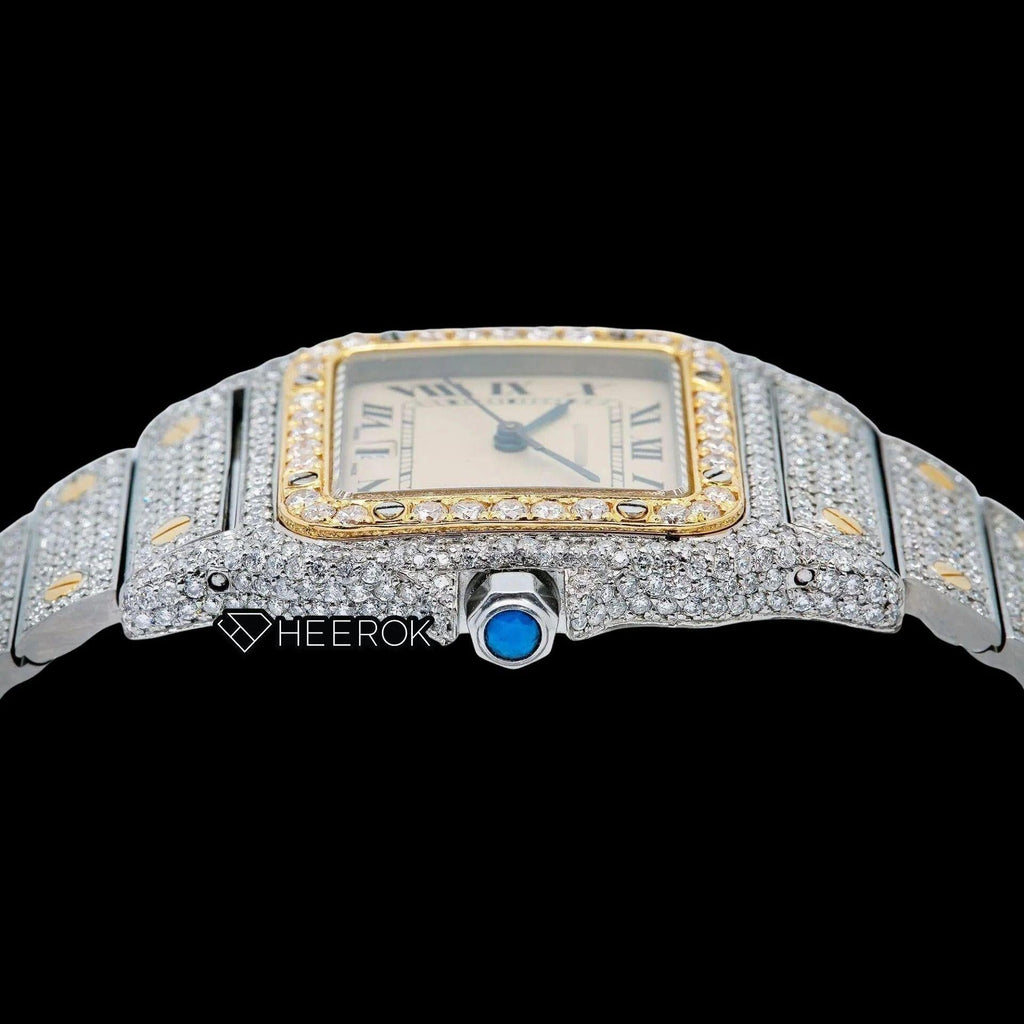 Cartier Santos Yellow Dial Roman Numerals Diamond Bezel Fully Iced Two Tone Moissanite Diamond Watch For Women