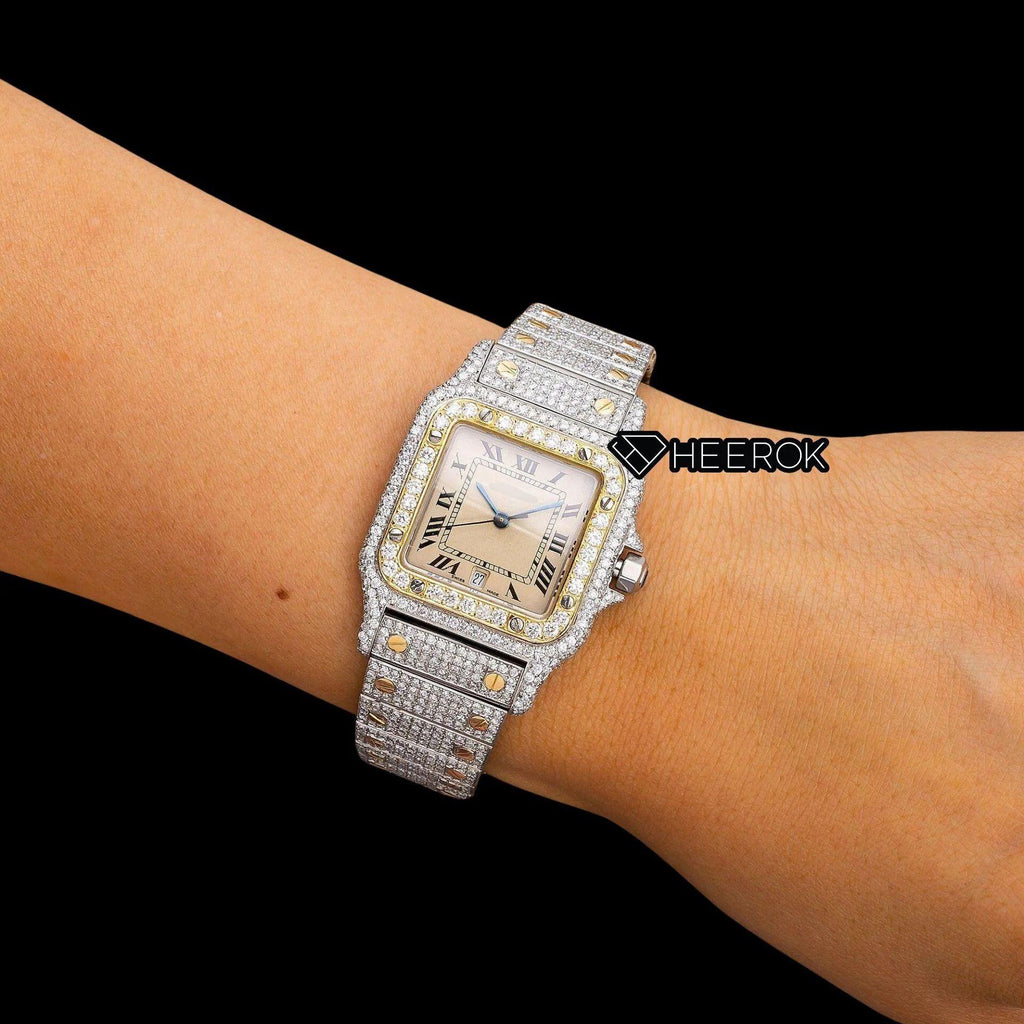 Cartier Santos Yellow Dial Roman Numerals Diamond Bezel Fully Iced Two Tone Moissanite Diamond Watch For Women