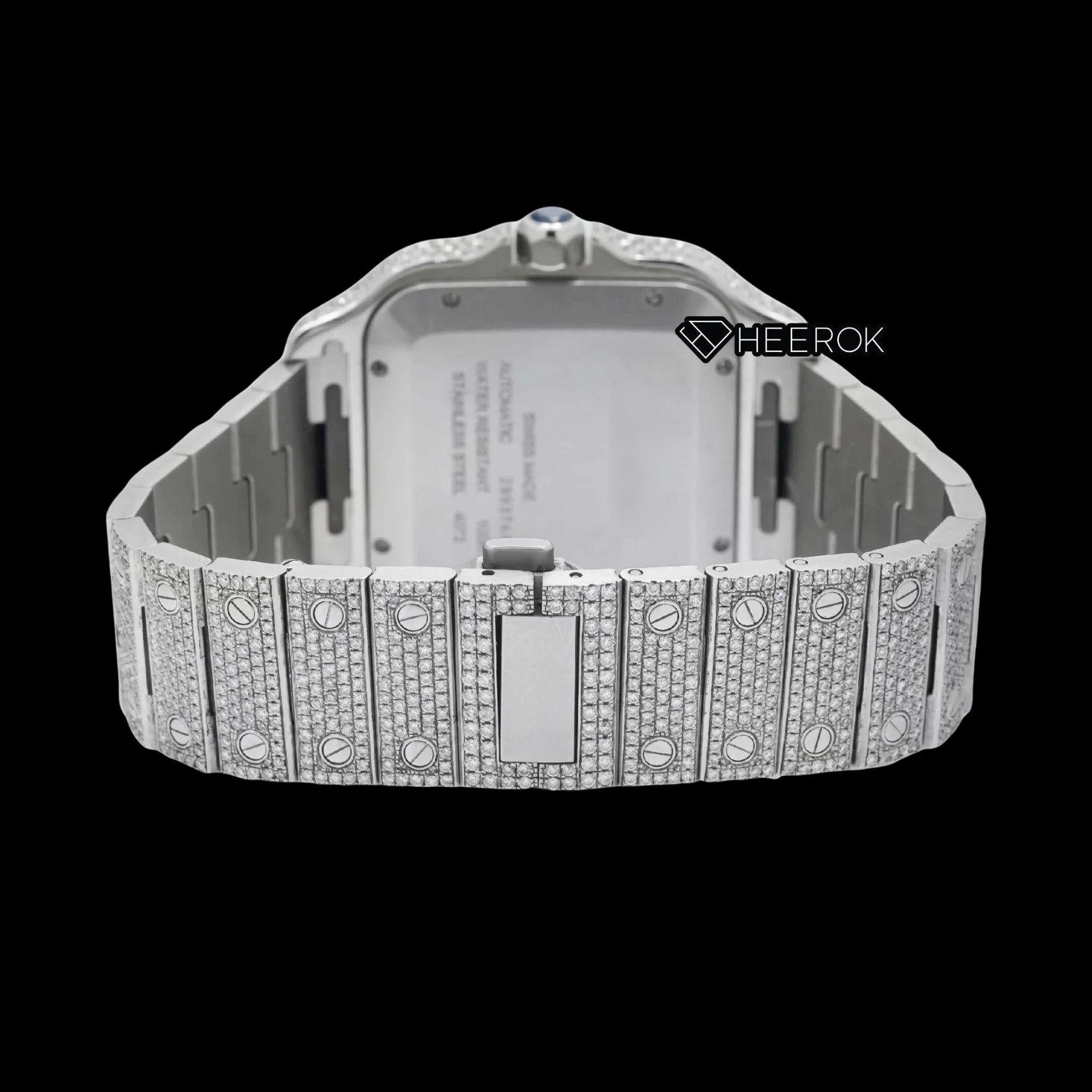 Cartier Santos Yellow Gold Dial Red Arabic Numerals Diamond Bezel Bust Down Moissanite Diamond Watch