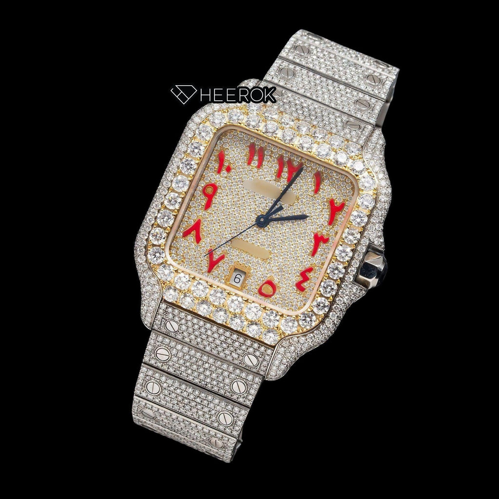 Cartier Santos Yellow Gold Dial Red Arabic Numerals Diamond Bezel Bust Down Moissanite Diamond Watch