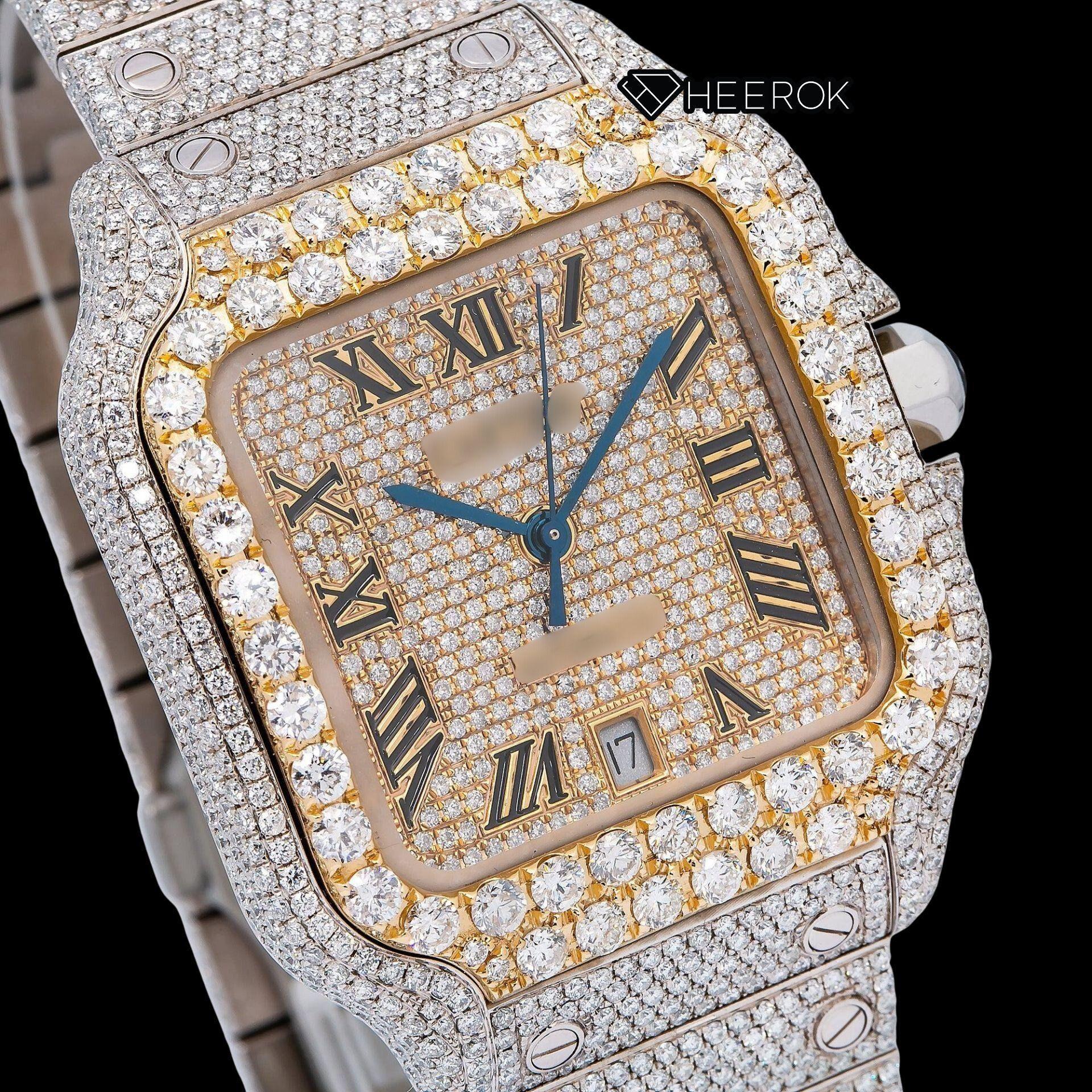 Cartier Santos Yellow Gold Full Pave Dial Roman Numerals Diamond Bezel Fully Iced Moissanite Diamond Watch