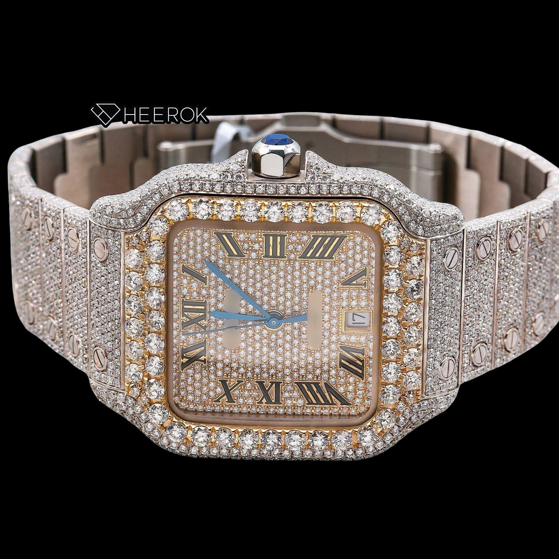 Cartier Santos Yellow Gold Full Pave Dial Roman Numerals Diamond Bezel Fully Iced Moissanite Diamond Watch