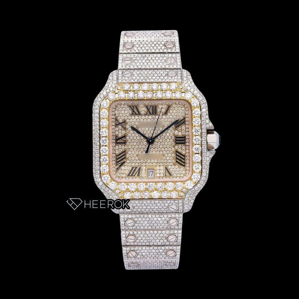 Cartier Santos Yellow Gold Full Pave Dial Roman Numerals Diamond Bezel Fully Iced Moissanite Diamond Watch