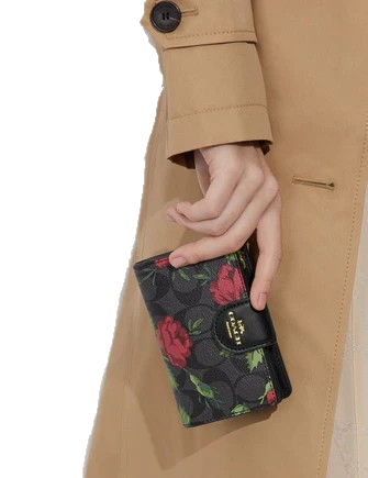 Coach Medium Corner Zip Wallet In Signature Canvas With Fairytale Rose Print
