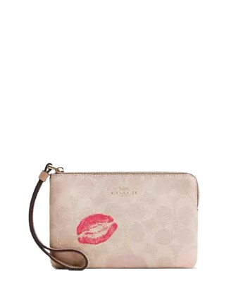 Coach Corner Zip Wristlet In Signature Canvas With Lips Print