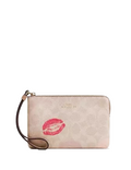 Coach Corner Zip Wristlet In Signature Canvas With Lips Print
