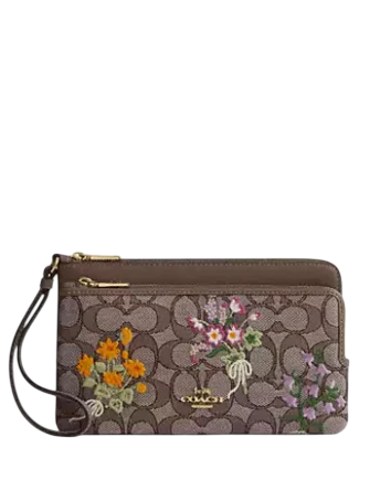 Coach Double Zip Wristlet In Signature Jacquard With Floral Embroidery